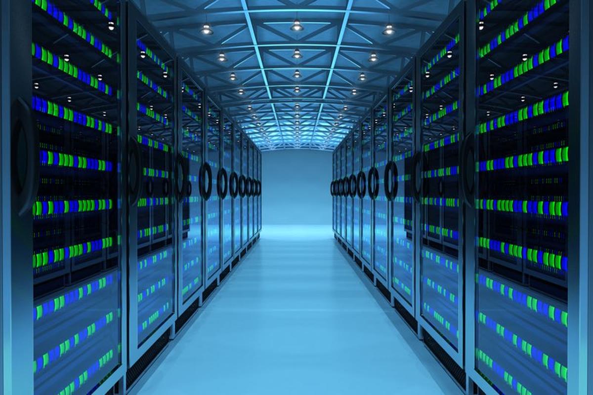 Network and internet telecommunication equipment in server room, data center interior